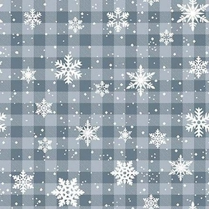 May include: A seamless pattern featuring white snowflakes scattered over a blue and gray plaid background. The snowflakes vary in size and are evenly distributed, creating a wintery, festive design suitable for fabric or wallpaper.