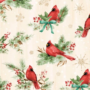 Cardinal Celebration Christmas Fabric – Cardinals & Festive Greenery – Holiday Cotton Fabric