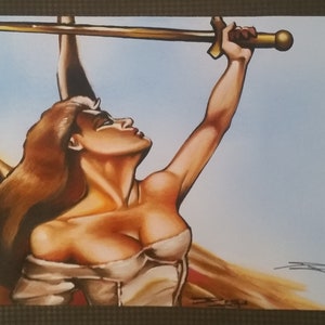 May include: A painting of a woman with wings holding a sword up in the air. She is wearing a white dress and has long brown hair. The background is a light blue sky.