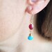 Turquoise and ruby artisan gold earrings for women. Mother's day gift. Handmade by Dolce de Leti. Ready to ship.