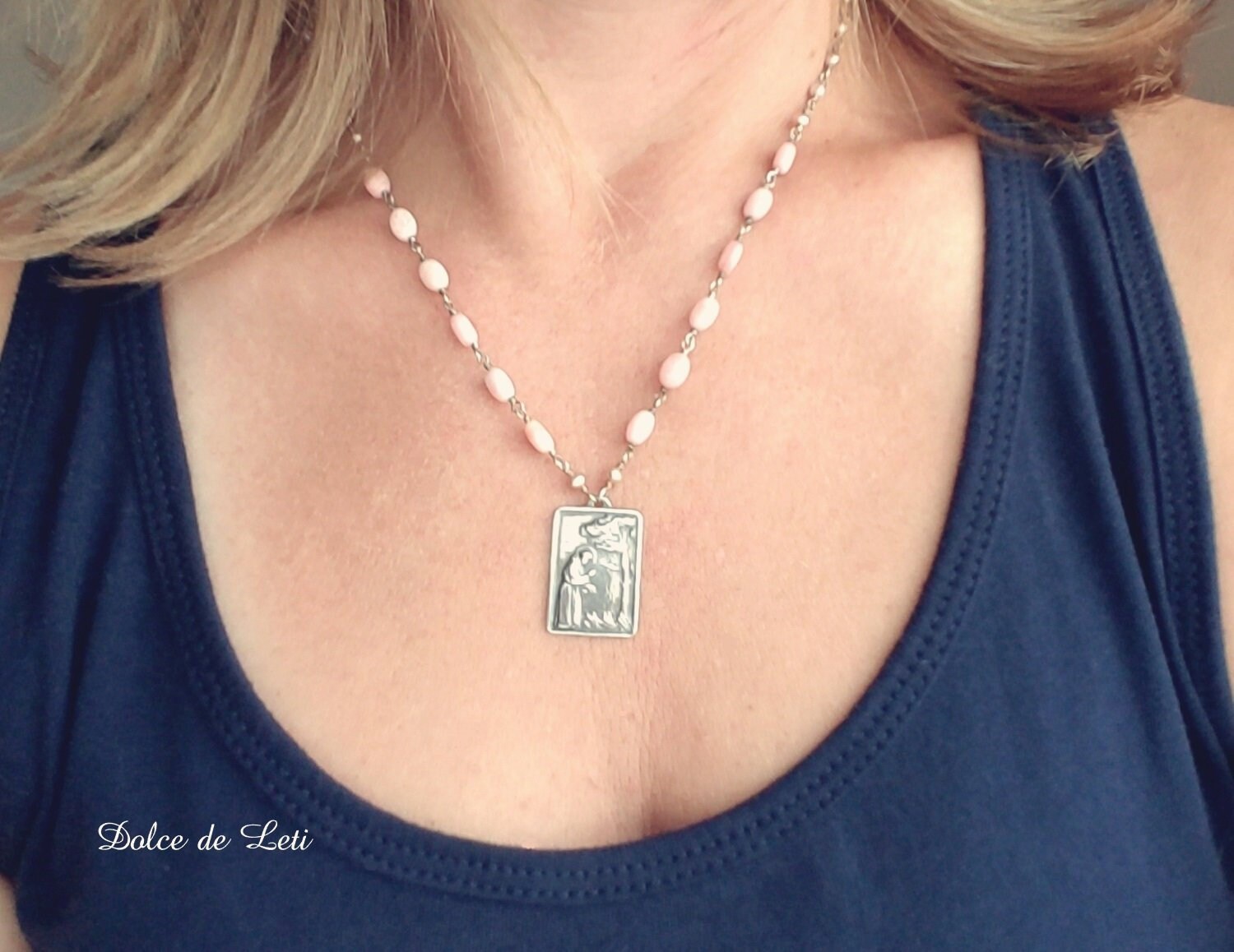 St Francis Catholic Necklace for Women. Pink Rhodochrosite and Pearl