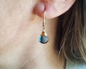 London blue hydro quartz gold artisan earrings. Mother's day gift. Handmade by Dolce de Leti.