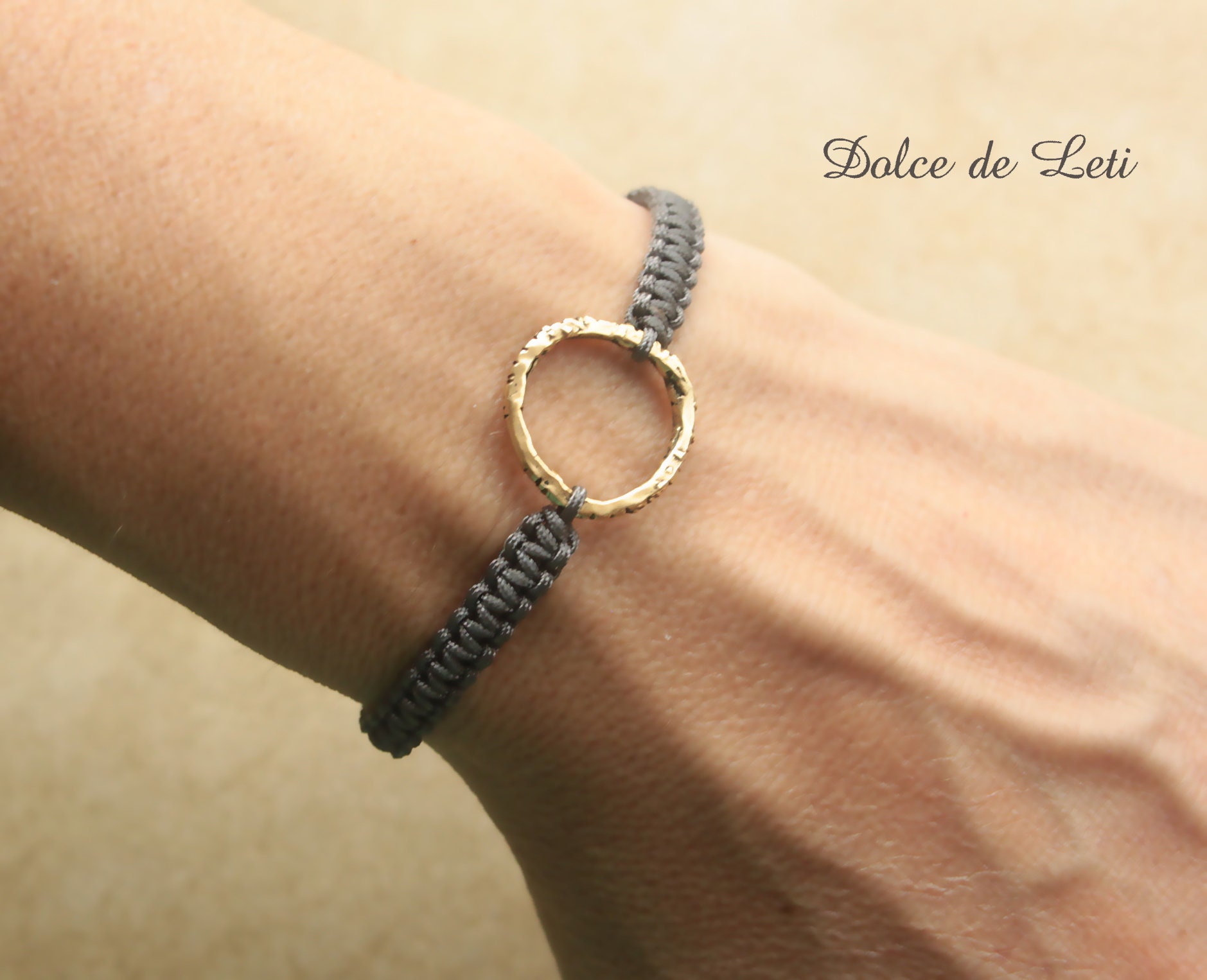 Artisan friendship karma bracelet for women handmade by Dolce de Leti. Gold macrame adjustable bracelet with small silver circle link