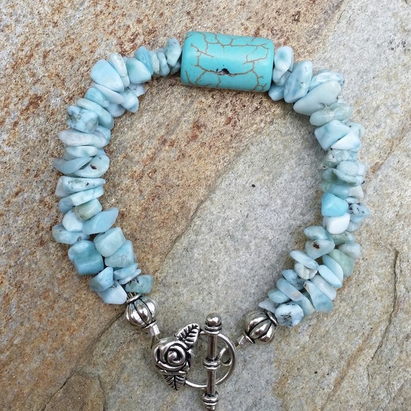 Natural Blue Dominican Republic Larimar nuggets, Turquoise barrel bead with Tibetan Silver Rose Clasp  bracelet, Size 7.5"