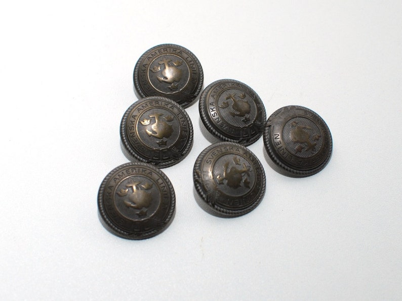 Set of 6 pcs with shanks Solid Metal Vintage metal buttons Svenska Amerika Linien bronze or copper color tone
