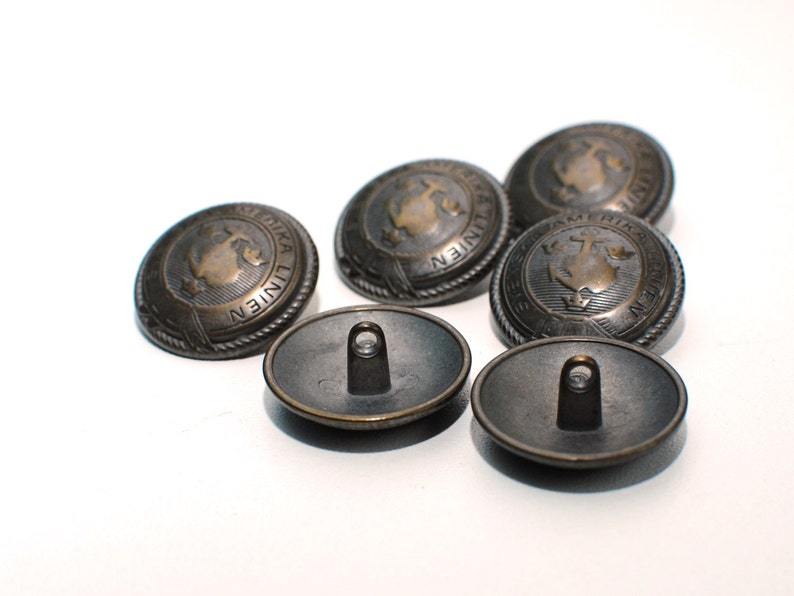 Set of 6 pcs with shanks Solid Metal Vintage metal buttons Svenska Amerika Linien bronze or copper color tone