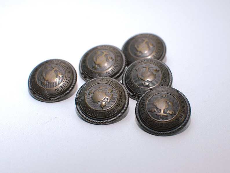Set of 6 pcs with shanks Solid Metal Vintage metal buttons Svenska Amerika Linien bronze or copper color tone