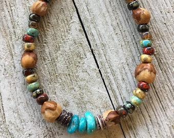 Choctaw Spirit Native Handmade Ghost Bead Bracelet Turquoise Chips, Heishi Beads, Southwest Color Seed Bead Mix, Juniper Berries