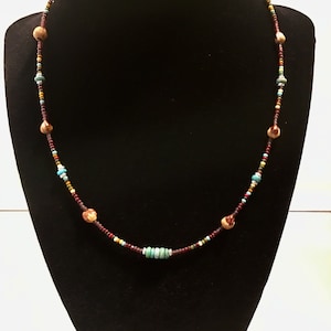 Choctaw Spirit Native Handmade Ghost Bead Picasso Necklace, Juniper Berries & Heishi Turquoise