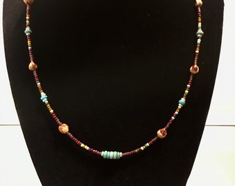 Choctaw Spirit Native Handmade Ghost Bead Picasso Necklace, Juniper Berries & Heishi Turquoise