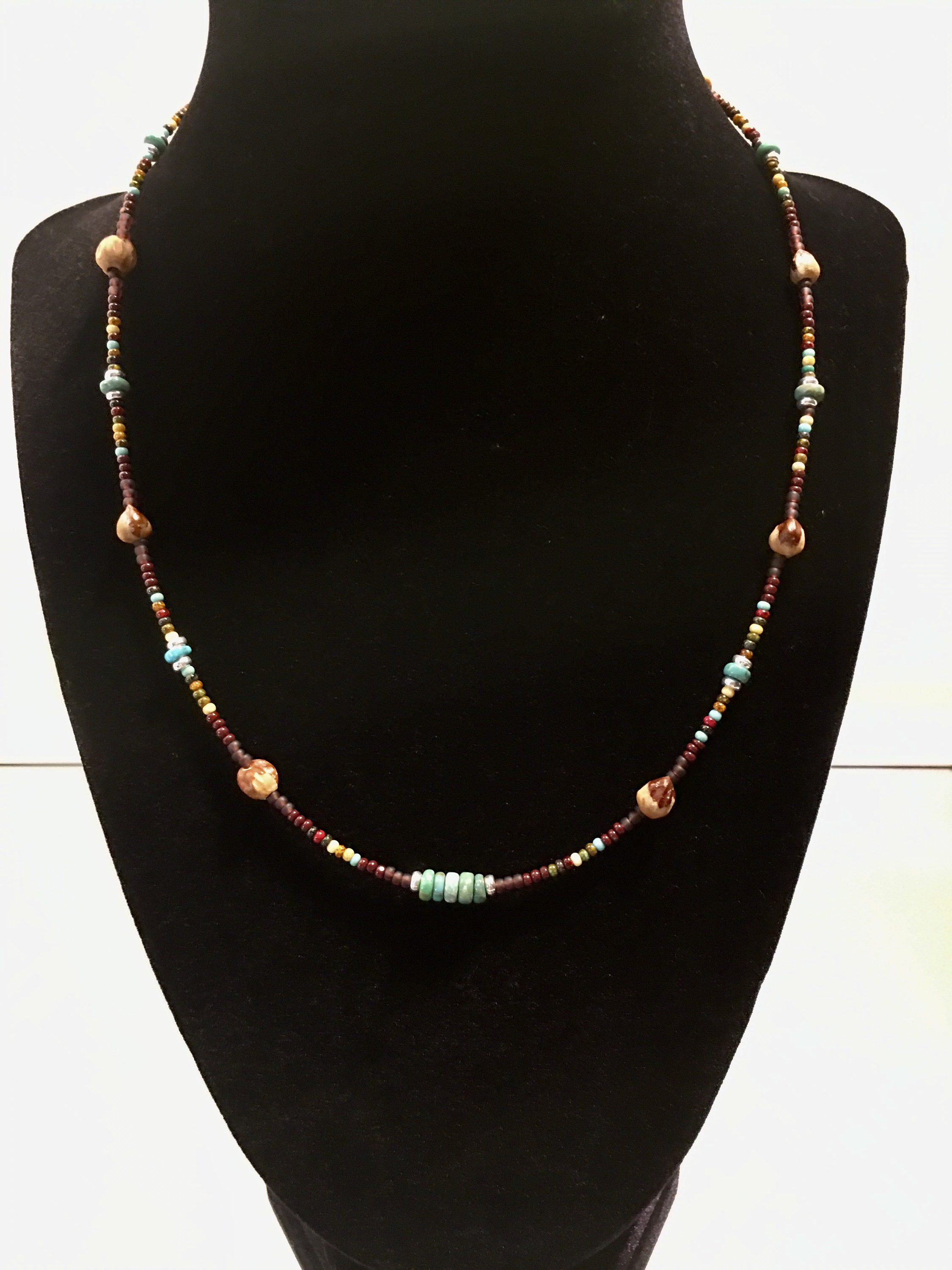 Choctaw Spirit Native Handmade Ghost Bead Picasso Necklace, Juniper Berries & Heishi Turquoise
