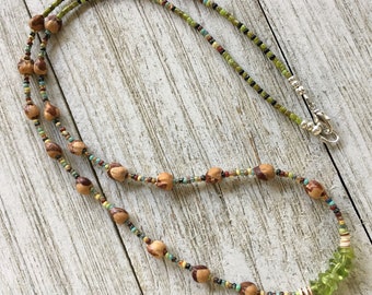 Choctaw Spirit Native Handmade Ghost Bead Necklace, Juniper Berries & Peridot