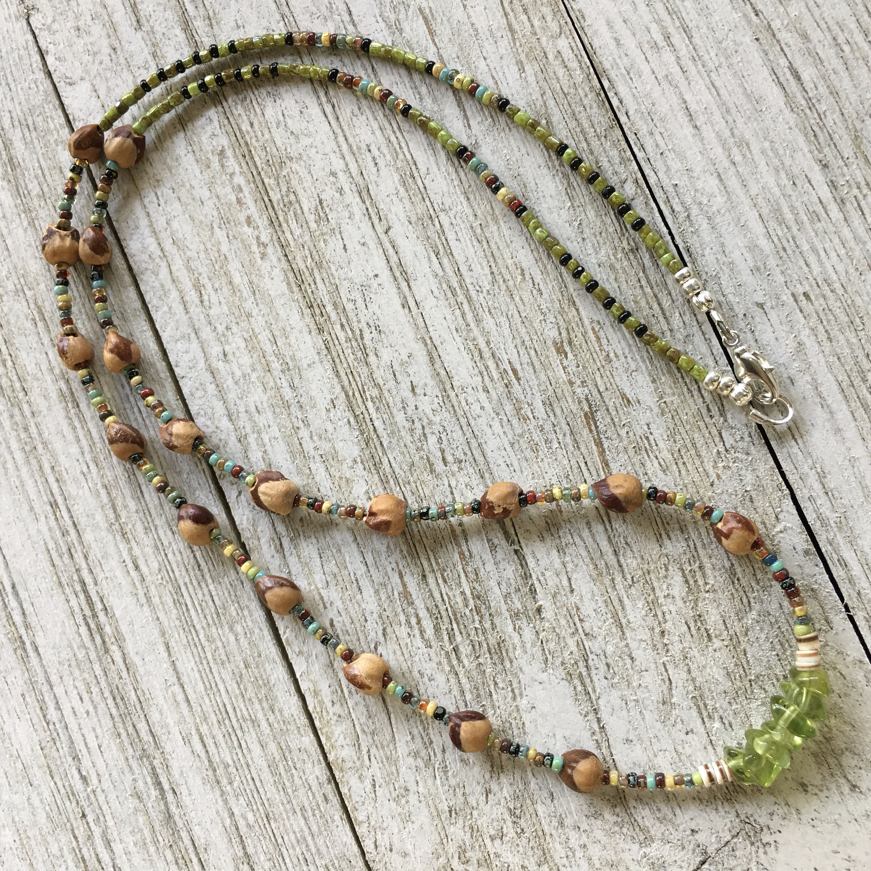 Choctaw Spirit Native Handmade Ghost Bead Necklace, Juniper Berries & Peridot
