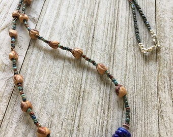 Choctaw Spirit Native Handmade Ghost Bead Necklace, Juniper Berries & Lapis