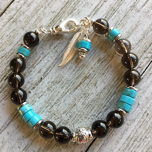 Choctaw Spirit Native Handmade Smoky Quartz & Heishi Turquoise Bracelet, Charms, Swivel SLP Clasp