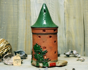 Candelabro de cerámica hecho a mano, Torre de la Pólvora de Riga, Casa pequeña, Cabaña decorada, Regalos de Navidad, Regalo de inauguración de la casa, Tealifght