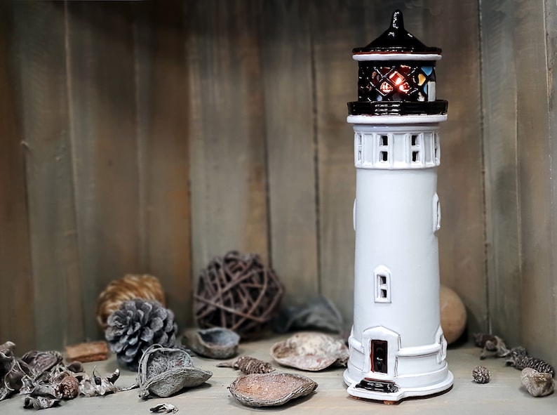 Handmade ceramic lighthouse candle holder Point Vicente USA. Etsy