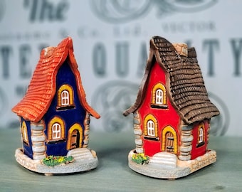 Two ceramic houses incense holders set, art home decor item Small houses incense burners. Tiny clay house. Christmas gift Handmade in Suvena