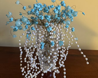 Vintage Artificial beaded flowers - Torquise color beaded flowers - flower for vase - white beaded branches