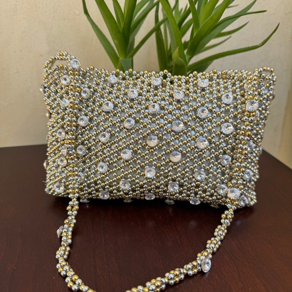 Silver  & Gold color  beaded handbag, evening purse, Wedding purse, Fancy bag, beaded handbag, Elegant handbag, Evening clutch, Shiny purse