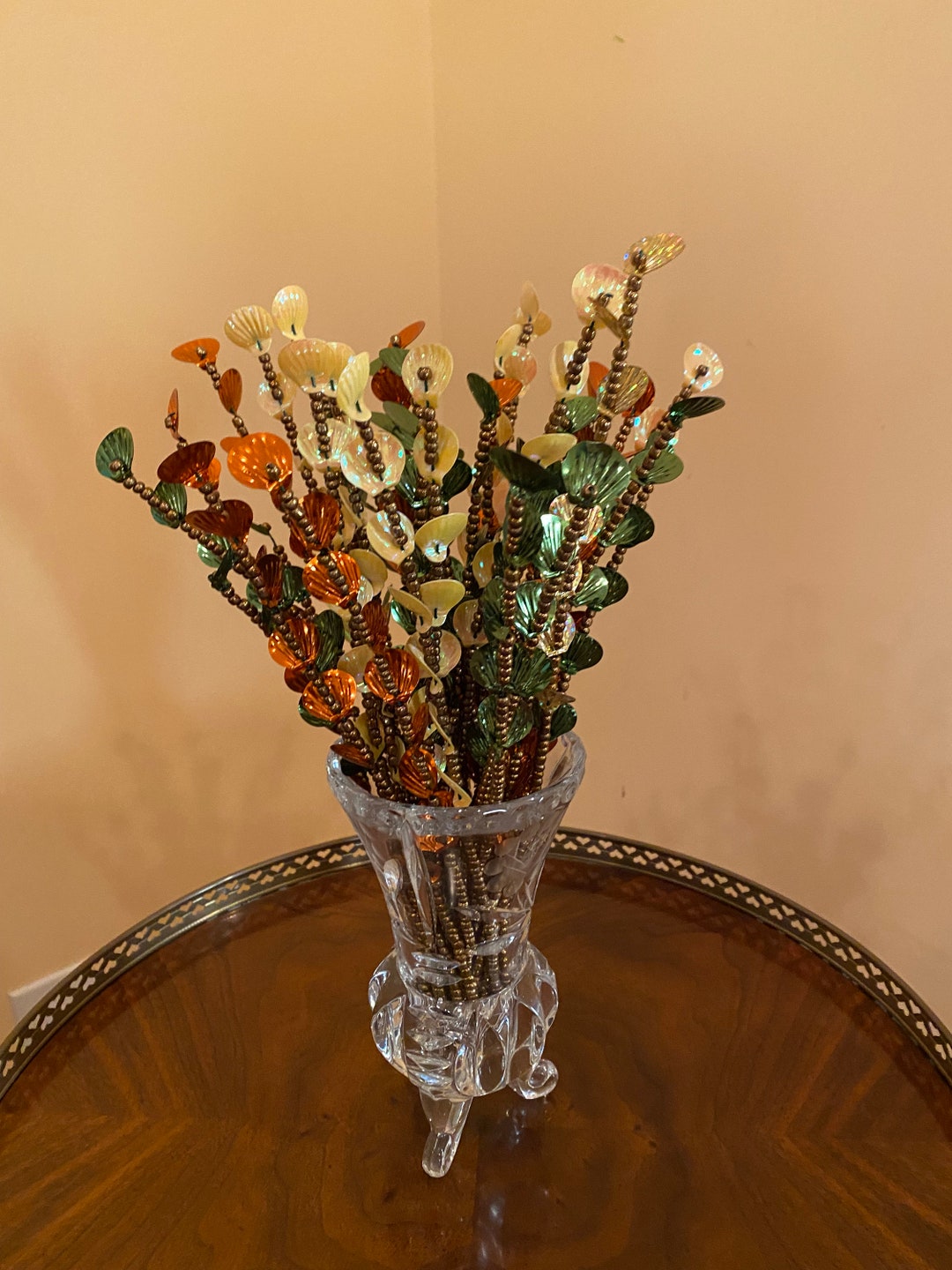 Flower for Vase Handmade Seashell Beaded Flower Stems Green Yellow