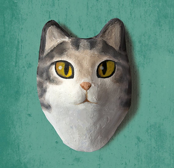 Tenture Murale Tete De Chat Papier Mache Etsy