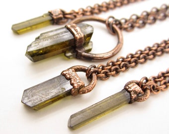 Raw Epidote Necklace | Natural Epidote Crystal Pendant | Green Crystal Necklace | Electroformed | Copper | Solid Copper Chain