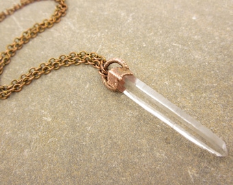 Long Skinny Clear Quartz Pendant | Terminated Quartz Crystal Necklace | Tapered Natural Quartz Wand | Rock Crystal | Raw Crystal | Copper