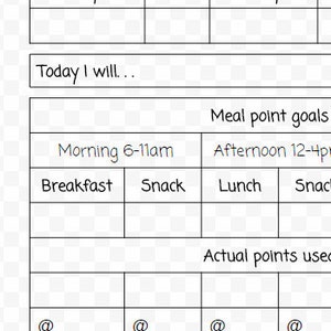 Op de afbeelding: Een zwart-wit printbaar Weight Watchers-voedseljournaal met secties voor dagelijkse doelen, maaltijdpuntdoelen en daadwerkelijk gebruikte punten. Het dagboek bevat secties voor ontbijt, snack, lunch en snack.