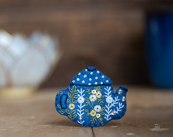 Folk teapot flowers brooch hand embroidered in blue felt