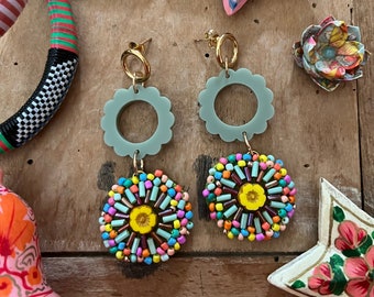 Seventies colored embroided earrings