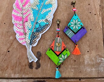 Indian style mismatched colored wood and paper earrings