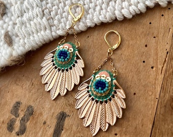 Peacock feather earrings embroidered and beaded by hand