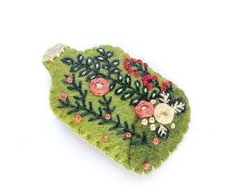 Hand embroidered floral and vegetable jar bottle brooch in wool felt GIFT Mother's Day