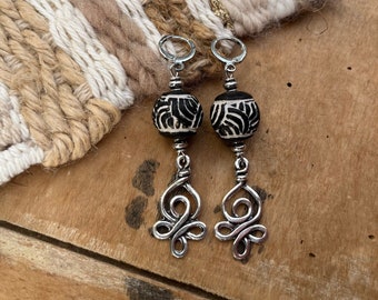 Silver colored ethnic earrings with rare vintage wooden beads