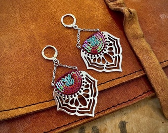 bohemian hand-embroidered earrings with pink and silver sequins