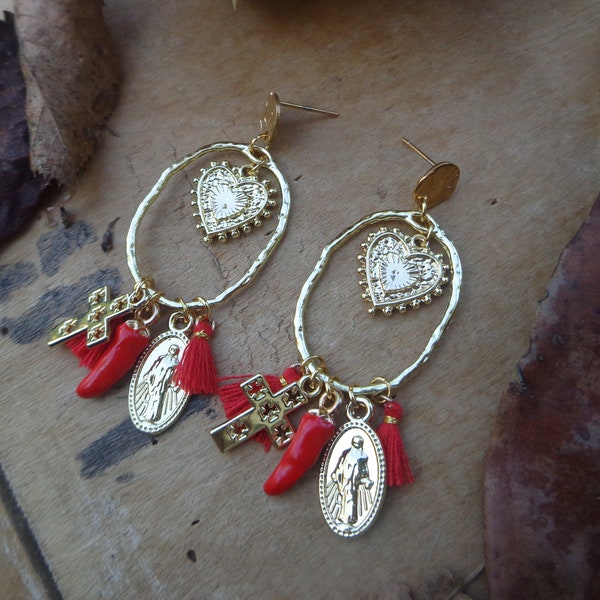 boucles d'oreilles EX VOTO Corno piment rouge de Naples porte-bonheur italien corail vierge croix