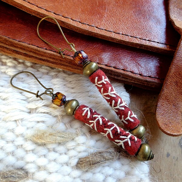 RESERVED Tibetan rust colored wool felt hand embroidered earrings