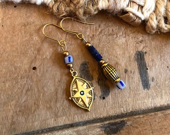 oriental evil eyes gold earrings with lapis lazuli