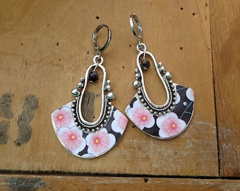 Japanese paper brown and rhodonite earrings 'Cherry Blossoms'