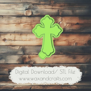 May include: A green 3D printed cross design for a cookie cutter or mold. The design is ornate and detailed. Digital Download/STL File www.waxandcrafts.com