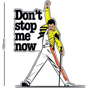 May include: A black and white illustration of a person in a yellow and white costume with the text "Don't stop me now" in black.