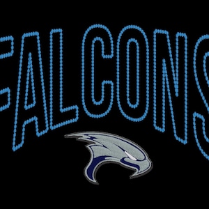 May include: A graphic design featuring the word FALCONS written in a bold, arched font composed of small, light blue circular elements. Below the text is a stylised illustration of a falcon head in shades of grey, dark blue, and white.