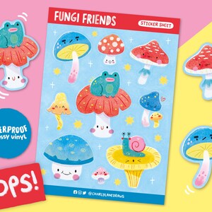 Fungi Friends - OOPS - Feuille d'autocollants en vinyle A5 imperméable - Autocollants pour agenda - Autocollants kawaii - Joli journal - Papeterie douce