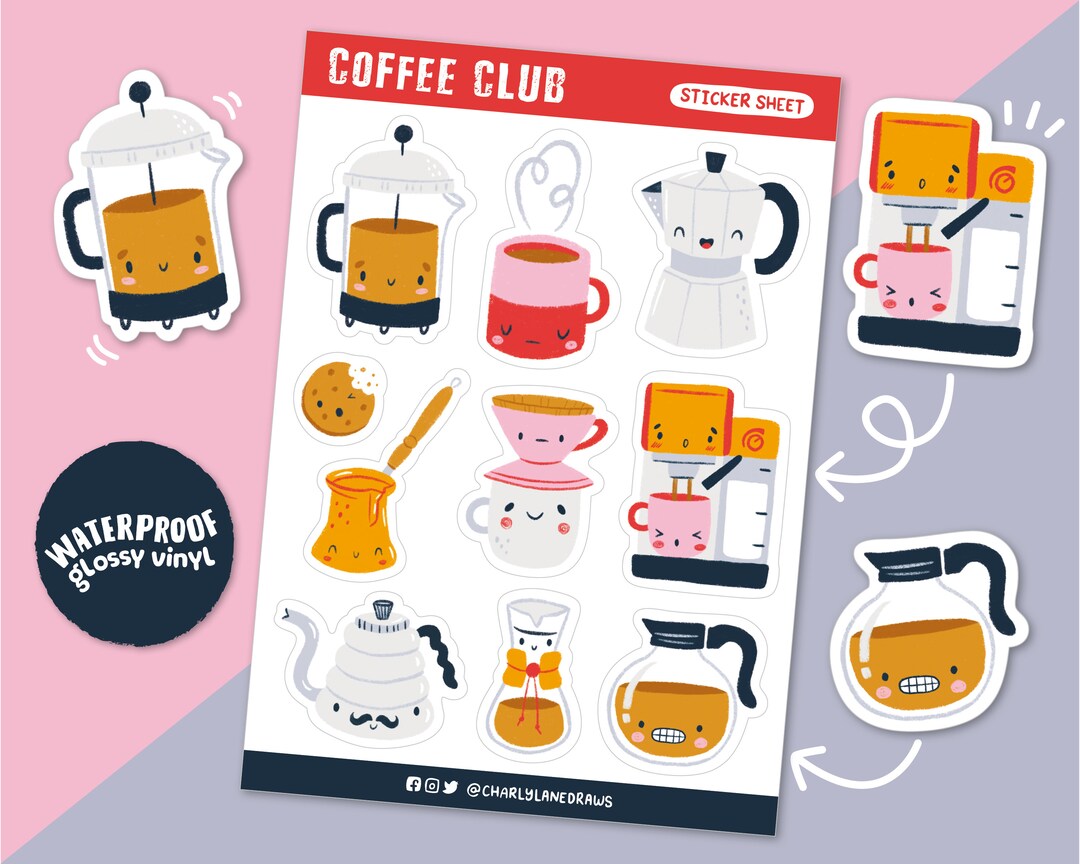 Coffee Club, Vinyl, Sticker Sheet, A5, Waterproof, Durable, Hand ...