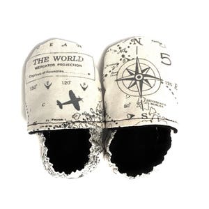 NAVIGATOR Tula Booties, baby map shoes, soft soled shoes black and white booties with planes airplane baby world map baby clothes with plane image 1