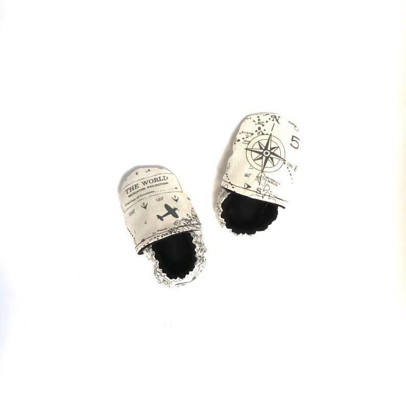 NAVIGATOR Tula Booties, baby map shoes, soft soled shoes black and white booties with planes airplane baby world map baby clothes with plane image 2