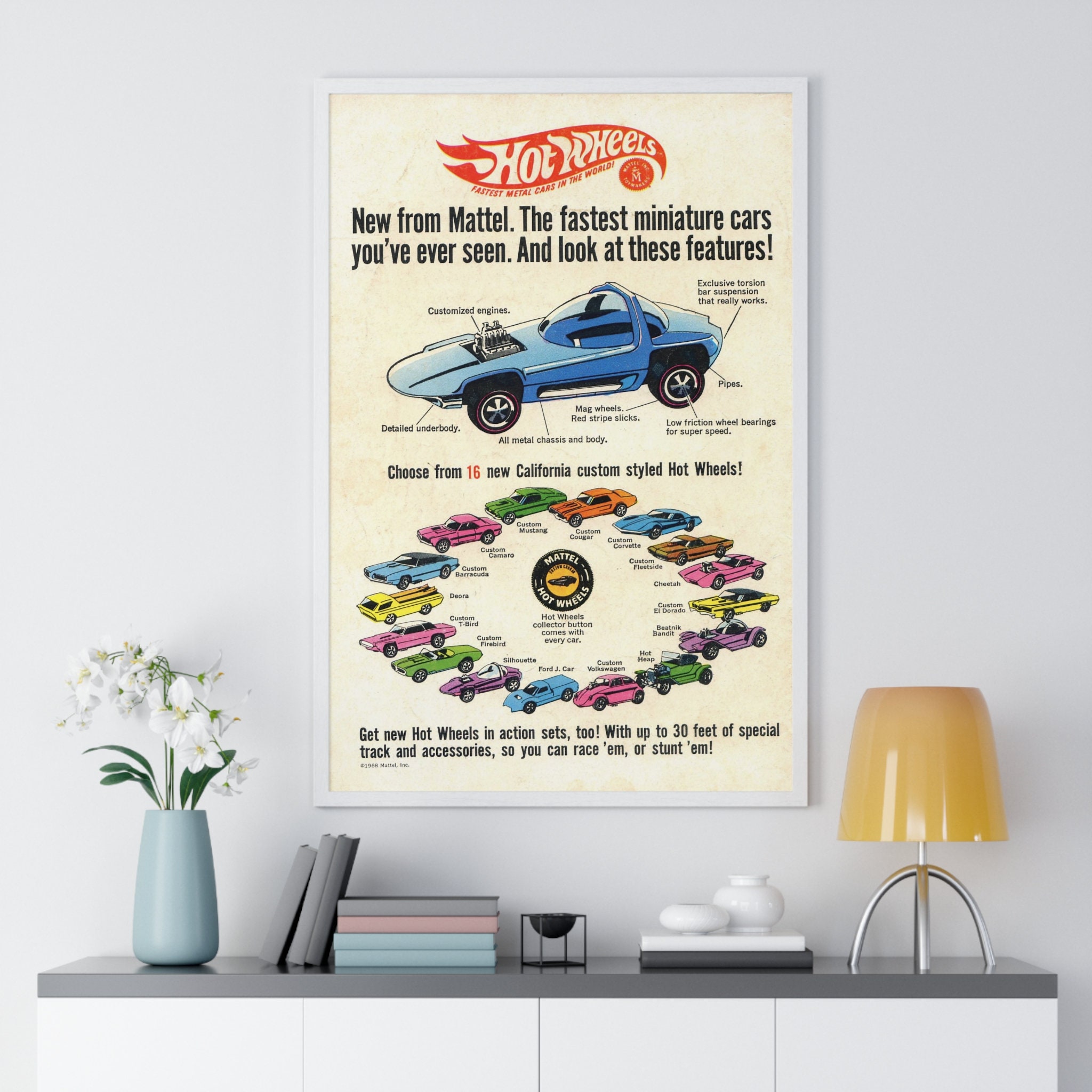 Hot Wheels Sweet Sixteen 1968 Framed Poster: Spectraflame Car Art