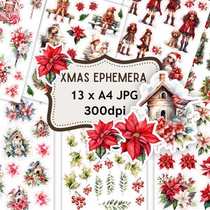 Świąteczne efemerydy clipart, zestaw do scrapbookingu Fuzzycut, elementy do druku, dodatki do kolażu, świąteczne pobieranie, rzemiosło sezonowe, świąteczne kwiaty