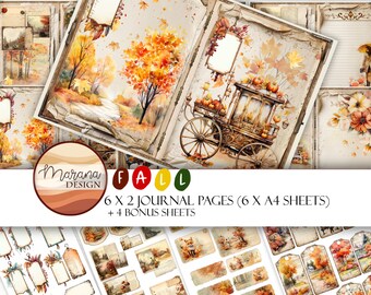 Könnte beinhalten: Sechs druckbare Journal-Seiten mit Herbst-Thema. Die Seiten zeigen Aquarell-Illustrationen von Herbstblättern, einer Kutsche und einem Waldweg. Die Seiten sind für den Druck auf A4-Papier konzipiert. Es sind auch vier Bonusblätter enthalten.